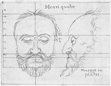 Totenmaske von Henri Quatre mit geschlossenen Augen, en face und im Profil nach links.