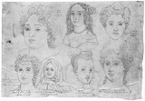 Sieben Köpfe fürstlicher Damen in zwei Reihen übereinander.
verso: Landkarte
(Physiognomiestudien von Largillières Tochter, einer Fürstin Gonzaga, Marir de l'Aubespine, Frau von Loeben, Magarete von Österreich, Madame de Miramion und Maria von Polen.)