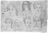 Vorschaubild von Sieben Köpfe fürstlicher Damen in zwei Reihen übereinander.
verso: Landkarte
(Physiognomiestudien von Largillières Tochter, einer Fürstin Gonzaga, Marir de l'Aubespine, Frau von Loeben, Magarete von Österreich, Madame de Miramion und Maria von Polen.)