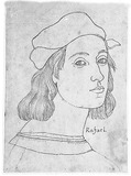 Vorschaubild von Selbstbildnis des Raffael mit Kappe und langem Haar, im Dreiviertelprofil nach rechts.