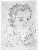 Vorschaubild von Lucrezia von Ferrara, Bildnis im Dreiviertelprofil nach rechts.