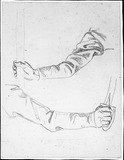 Vorschaubild von Drei Studienblätter mit Armstudien von Soldaten und einem verwundeten Soldaten. Für das Relief "Sturz bei Ligny" am Blücherdenkmal in Rostock (1815 - 1819).