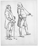 Mann mit Stock und Mann mit Pfeife, beide im Profil nach rechts (stehend).