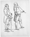 Vorschaubild von Mann mit Stock und Mann mit Pfeife, beide im Profil nach rechts (stehend).