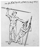 Vorschaubild von Speerwerfender und kniender männlicher Akt.
