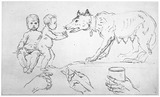 Studienblatt mit der römischen Wölfin, Romulus und Remus, sowie drei Handstudien.