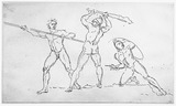 Studienblatt mit drei nackten Kriegern mit Speer, Keule und Schild.