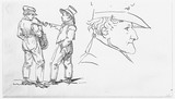 Vorschaubild von Zwei junge Männer im Gespräch und Büste eines Mannes, im Profil nach rechts.