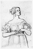 Vorschaubild von Kniestück einer jungen Frau (an ihrem Gürtel nestelnd).
