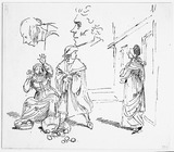 Vorschaubild von Studienblatt: Köpfe. Marktszene in gotischer Tracht und zwei Kopfstudien.