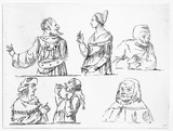 Vorschaubild von Studienblatt mit sechs Halbfiguren in altdeutschem Kostüm (gotischer Tracht).