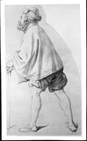 Vorschaubild von Rückenansicht eines stehenden alten Mannes mit Stock (im Kostüm der Reformationszeit.)