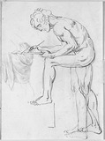 Vorschaubild von Zeichnender Jüngling mit aufgestelltem linken Bein, verso: Skizze eines stehenden männlichen Rückenaktes. (Studie für das "Bildhaueratelier" Schadow 357.)