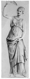 Stehende weibliche Gewandfigur mit erhobenem rechten Arm.