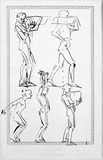 Vorschaubild von Skizzenbuchblatt mit Bewegungsstudien eines Lastträgers u.a.