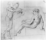 Vorschaubild von Stehender und sitzender Knabenakt.
verso: Studien zur männlichen Gewandfigur.
