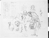 Männliche Kopfstudien, en face und im Profil, sowie Figur mit Pfeife nach links.