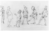 Vorschaubild von Studienblatt mit sechs verschiedenen Kostümfiguren.
