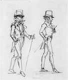 Vorschaubild von Skizzen eines modisch gekleideten jungen Mannes mit Stöckchen. (Studien eines Stutzers.)