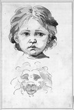 Studienblatt mit dem Kopf eines Kindes und eines Löwen, en face.
verso: Szenische Kompositionsskizze mit mehreren Figuren.