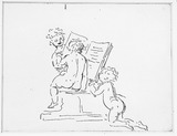 Vorschaubild von Drei Putten mit einem großem Buch.
verso: Stehender Mann nach links, karikiert und Kopf desselben, en face.