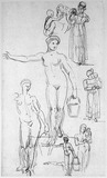Vorschaubild von Studien zu nackter Wasserträgerin und zu Frau mit Kind auf dem Arm, in Vorder- und Rückenansicht.