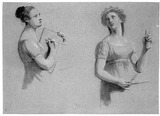 Vorschaubild von Zwei weibliche Halbfiguren nach rechts, (mit Schreibblock und Zirkel), Allegorien der Zeichenkunst und Geometrie.