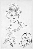 Studienblatt mit Mädchenkopf en face und zwei männlichen Profilen.
