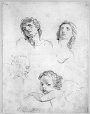 Vorschaubild von Studienblatt mit drei Köpfen nach Domenico Zampieri und geflügeltem Putto auf einem Delphin nach Carlo Maratta.