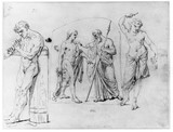 Vorschaubild von Studienblatt mit nacktem Hornbläser, Tänzerin und einem Relief mit Männergruppe.