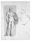 Vorschaubild von Studienblatt mit römischem Krieger und weiblchem Kopf im Profil nach links, nach einem antiken Bildwerkes.