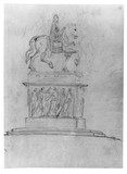 Entwurf für ein Reiterdenkmal Friedrich II. von Preußen. (Zeichnung für das Relief auf der rechten Seite des Sockels Schadow 671.)
verso: Zug von Männern nach links und Stab mit Trophäen und Zweig.
