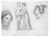 Studienblatt mit zwei weiblichen Figuren und dazugehörigen Kopfstudien.