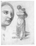 Vorschaubild von Studienblatt mit weiblichem Dreiviertelprofil und Rückenfigur einer Frau mit Kind auf dem Arm.