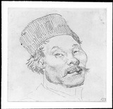 Vorschaubild von Kopf eines Mongolen mit fezartiger Mütze.