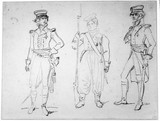 Vorschaubild von Zwei russische Offiziere und ein Soldat mit aufgepflanztem Bajonett.