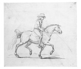 Jugendlicher Mann mit Hut auf trabendem Pferd, nach rechts.