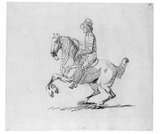 Reiter mit Hut auf steigendem Pferd, nach links.