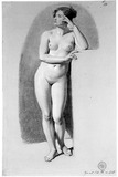 Vorschaubild von Stehender weiblicher Akt von vorn, mit aufgestütztem linken Arm.