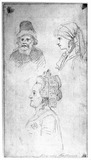 Kopfstudien eines alten Mannes von vorn, einer Frau und der Zarin Katharina im Profil.