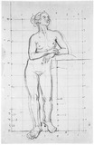 Vorschaubild von Proportionsstudie eines frontal stehenden Frauenaktes mit aufgestütztem Arm.