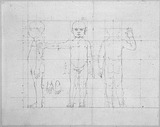 Vorschaubild von Proportionen eines 2-3 jährigen Knaben, in Seiten-, Vorder- und Rückenansicht, Hand und Fußstudie.