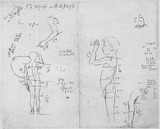 Vorschaubild von Proportionsstudien des 6 jährigen Felix Schadow, in Rücken- und Profilansicht nach links, Arm-, Bein- und Fußstudie.