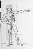 Vorschaubild von Stehender männlicher Akt mit erhobenem linken Arm und ausgestrecktem Zeigefinger.
(Bewegungsstudie. Vgl. Studien des gleichen Modells in anderen Bewegungen Schadow 955 b, c und d.)