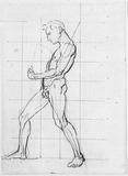 Vorschaubild von Männerakt im Profil nach links, einen Block vor dem Körper tragend.
(Bewegungsstudie. Vgl. Studien des gleichen Modells in anderen Bewegungen Schadow 955 a, b und c.)