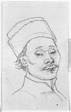 Vorschaubild von Kopf eines Mongolen mit Kappe nach rechts geneigt.
verso: Zwei Skizzen eines Mongolenkopfes.