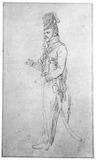 Vorschaubild von Studie zu einem Don-Kosaken mit eingelegter Lanze. 
(Vorzeichnung für eine Radierung (geätzt von Buchhorn) zu den "Russischen Kriegsvölkern":"Donscher Kosak" 1813.)