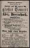 Man sucht einen Erzieher / A. Bahn
Ouverture zur Oper ""Euryanthe"" / C. M. v. Weber
Drittes Concert (C-moll) / L. v. Beethoven
Concertstück / C. M. v. Weber
Rhapsodie hongroise / F. Lißt
Variationen über ""Heil dir im Siegerkranz"" für die linke Hand allein / A. Dreyschock
