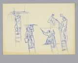 Blatt mit mehreren Skizzen: Maler auf der Leiter